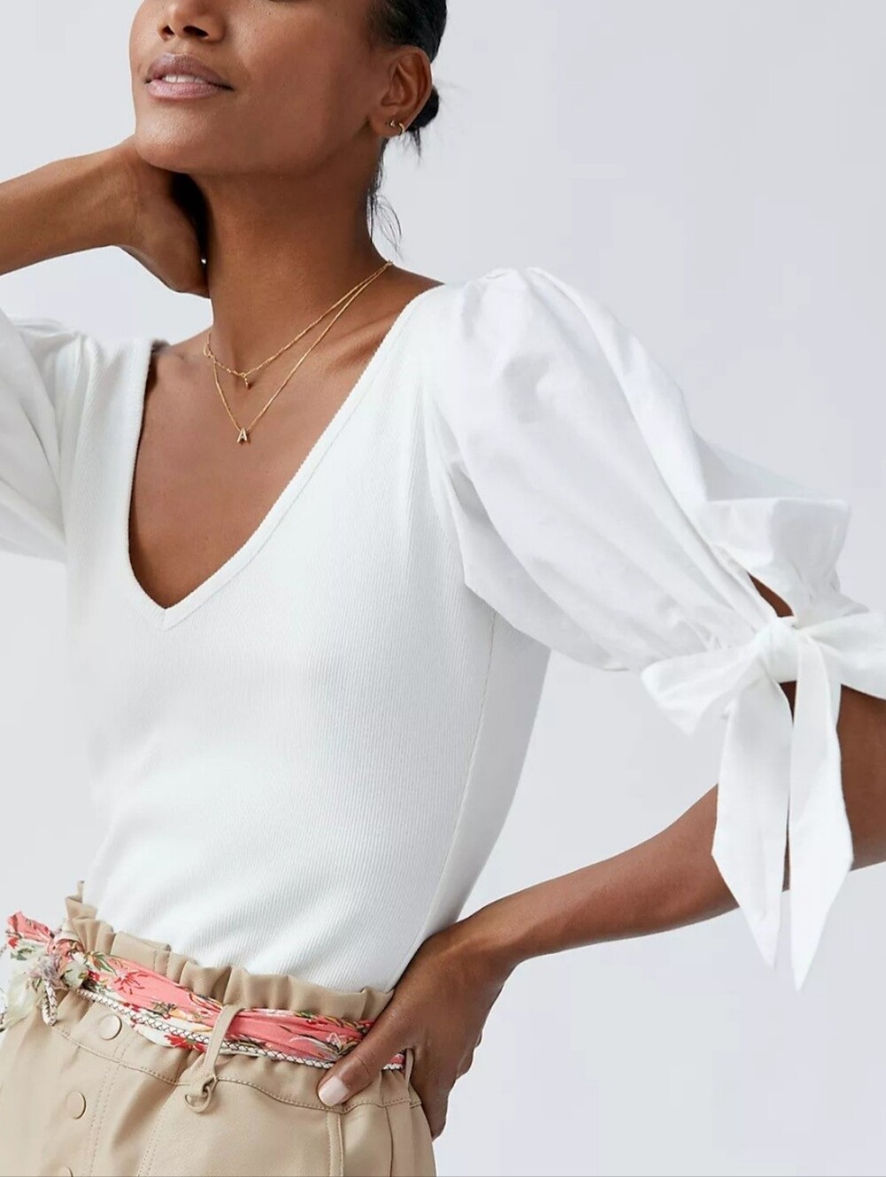 Anthropologie White V-Neck Puff Sleeve Tie Top